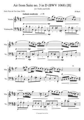 Air from Suite no.3 in D, BWV 1068 Andante moderato (II) - JS Bach (Violin & Cello)