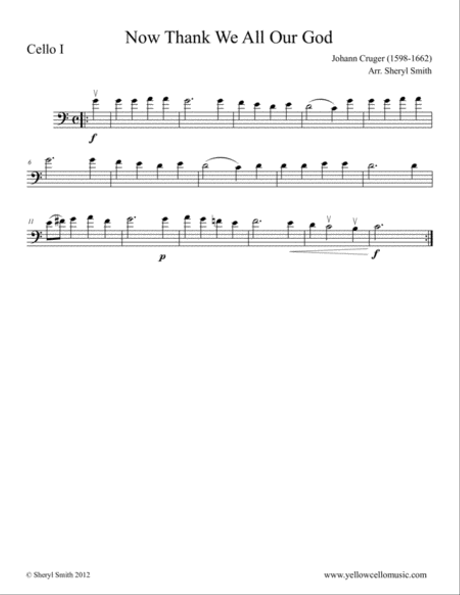 Now Thank We All Our God, a hymn arranged for four intermediate cellos String Orchestra scores gallery preview page 2