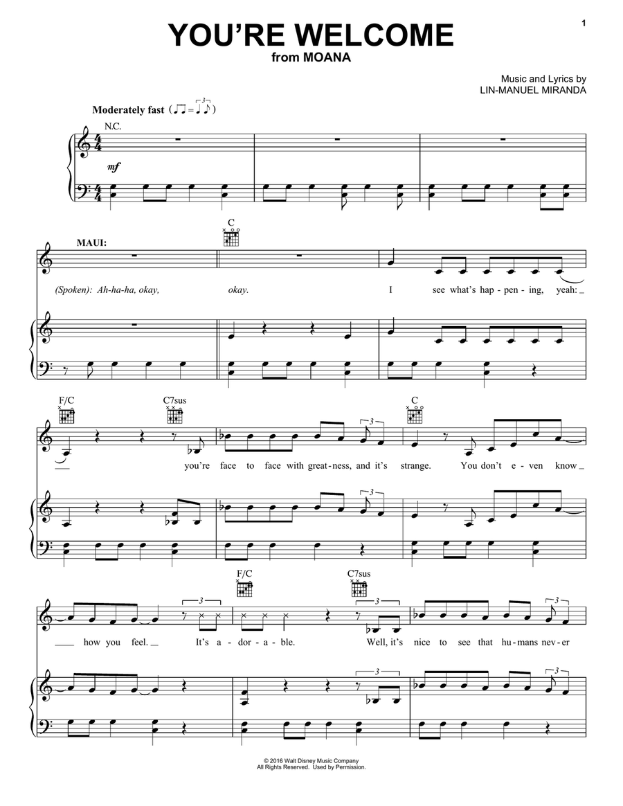 You're Welcome (from Moana) Piano, Vocal, Guitar scores gallery preview page 1
