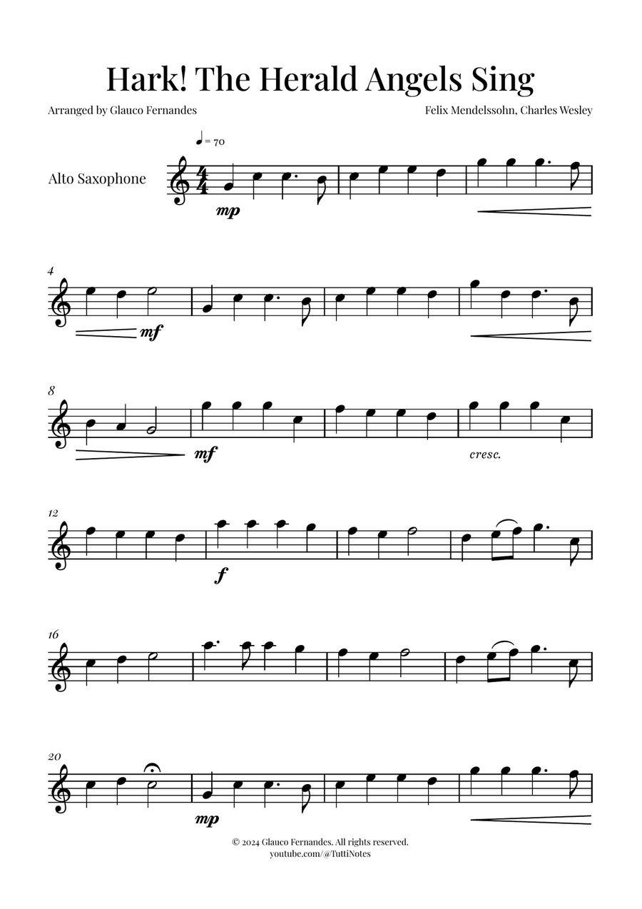 Hark! The Herald Angels Sing | BEAUTIFUL Christmas Carol Alto Saxophone scores gallery preview page 1