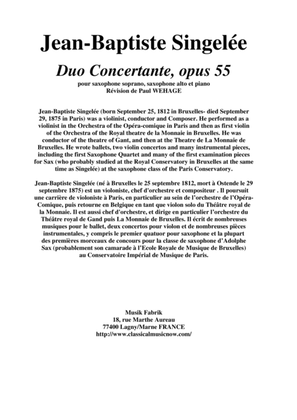 Book cover for Jean-Baptiste Singelée Duo Concertante, opus 55 pour saxophone soprano, saxophone alto et piano