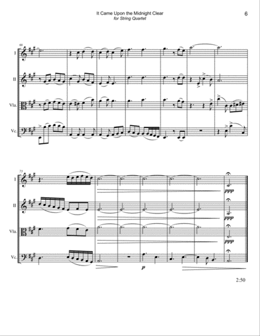 IT CAME UPON THE MIDNIGHT CLEAR - STRING QUARTET (or 3 Violins & Cello) (Grade 4-) String Quartet scores gallery preview page 6
