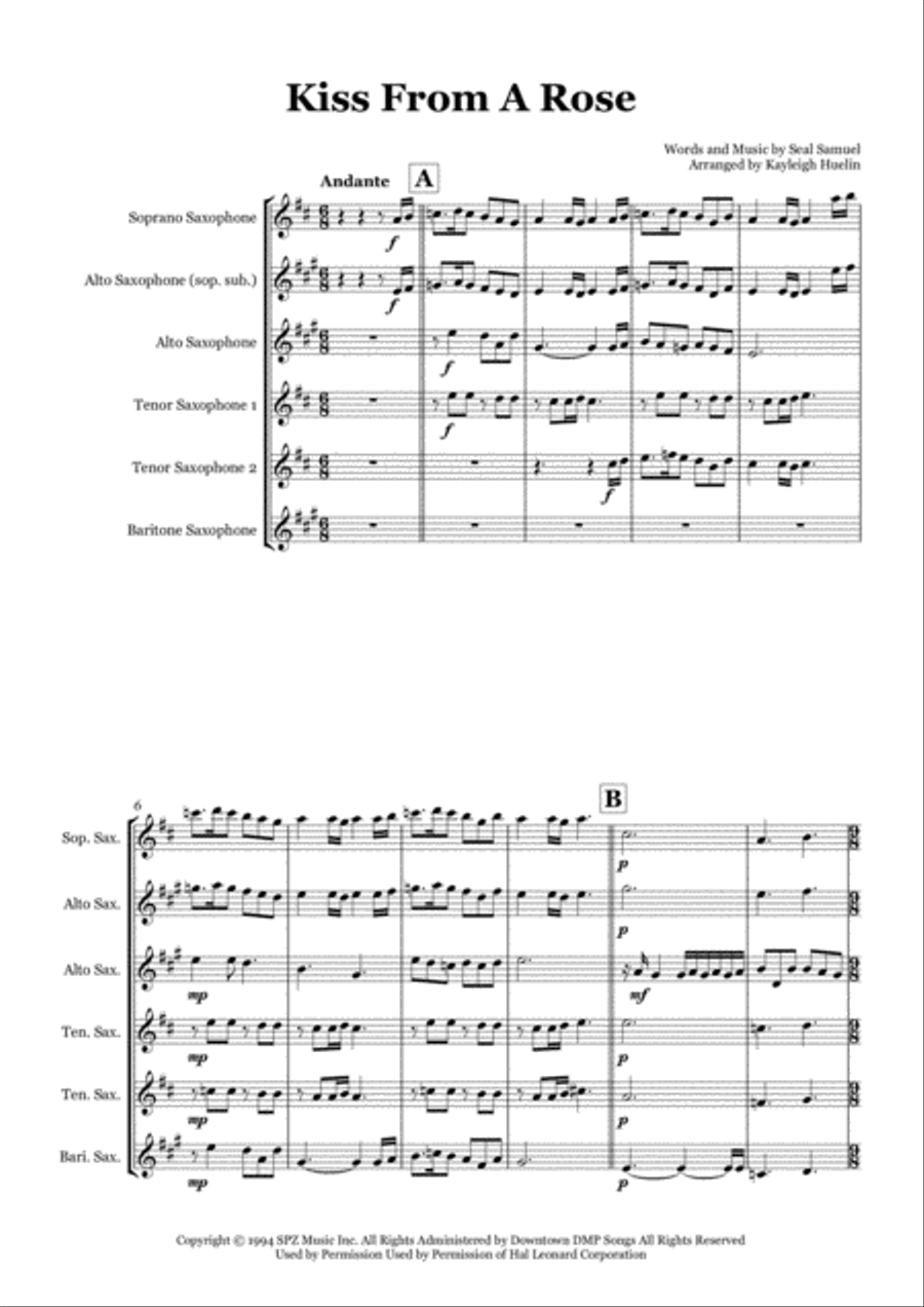 Kiss From A Rose Saxophone Quintet scores gallery preview page 1