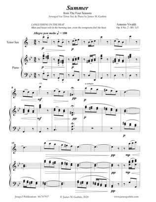 Vivaldi: Summer from the Four Seasons for Tenor Sax & Piano