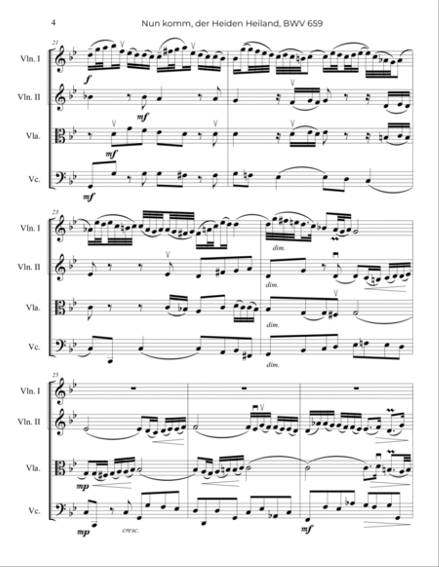 Bach: Nun komm, der Heiden Heiland, BWV 659 - String Quartet String Quartet scores gallery preview page 5