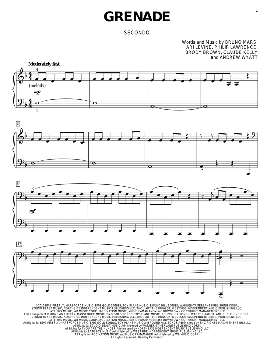 Grenade Piano Duet scores gallery preview page 1