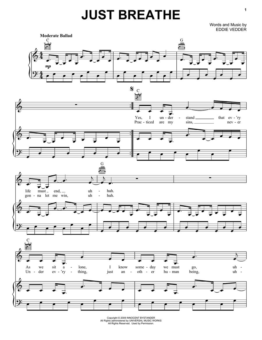 Just Breathe Piano, Vocal, Guitar scores gallery preview page 1