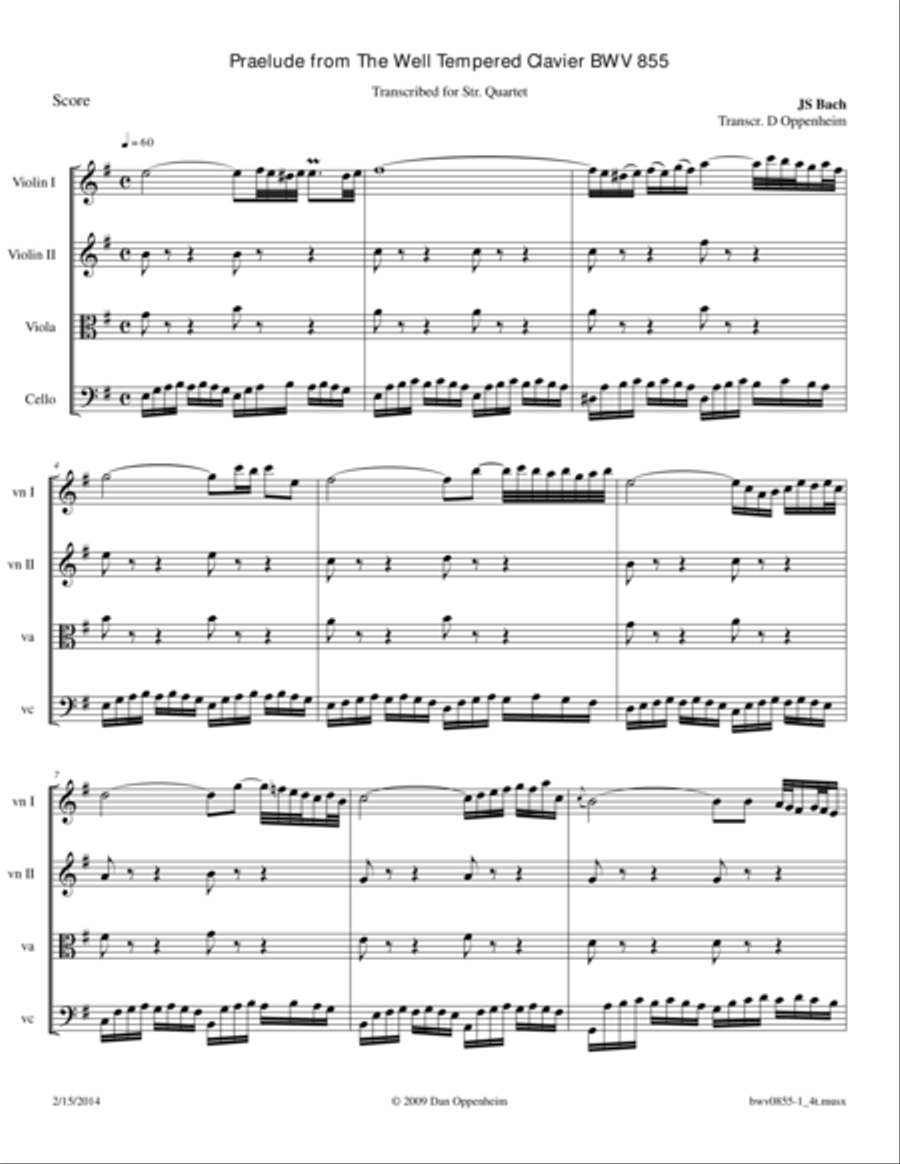 Bach: Prelude BWV 855 in e minor from The Well Tempered Clavier arr. for String Quartet String Quartet scores gallery preview page 1