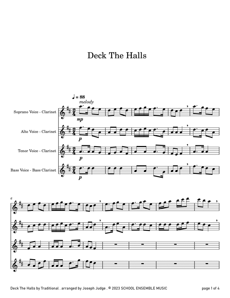 Deck The Halls for Clarinet Quartet in Schools Clarinet Quartet scores gallery preview page 1