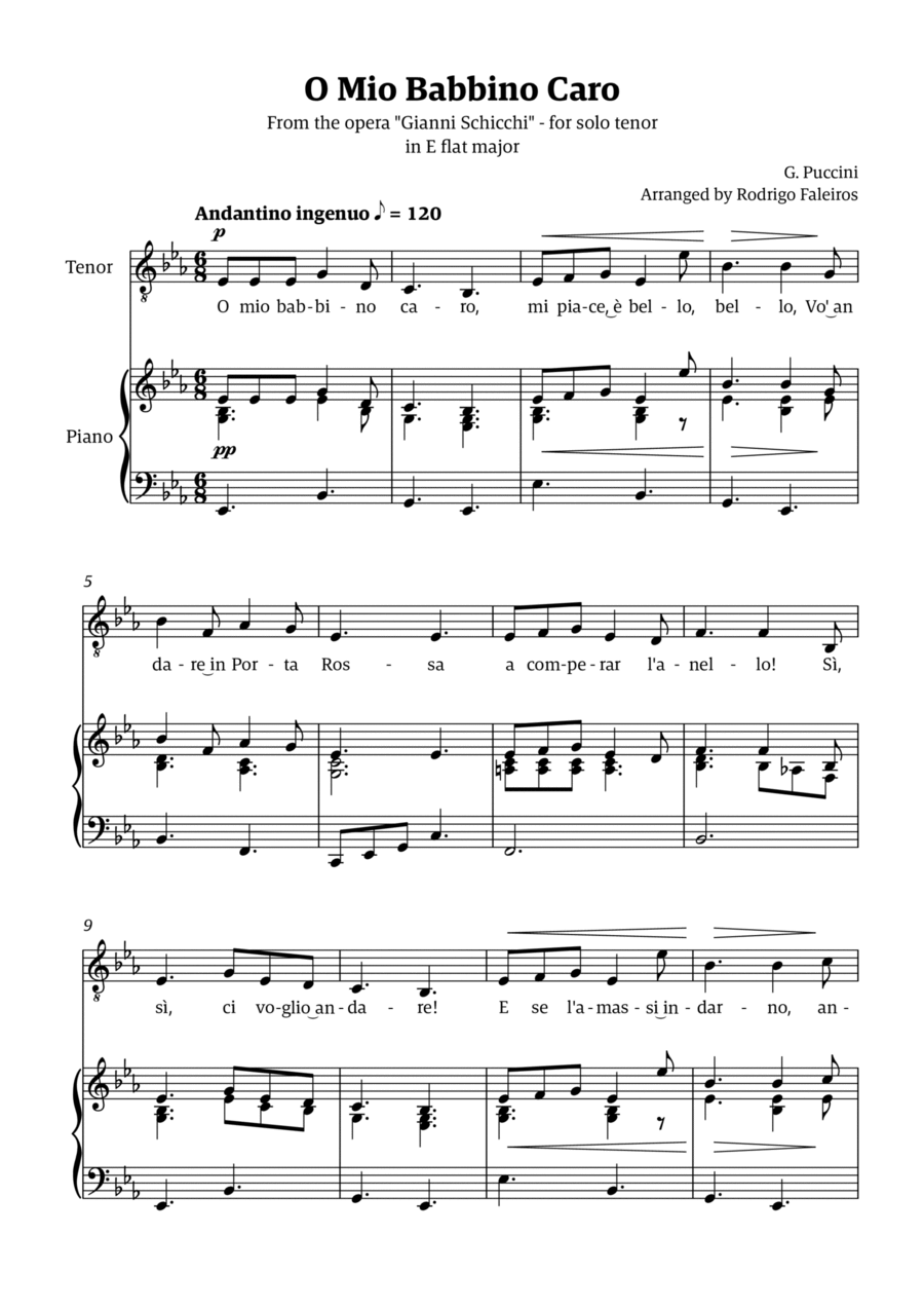 O Mio Babbino Caro - for tenor (in E flat major) Voice scores gallery preview page 1