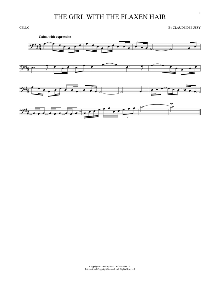 La Fille Aux Cheveux De Lin (The Girl With The Flaxen Hair) Cello Solo scores gallery preview page 1