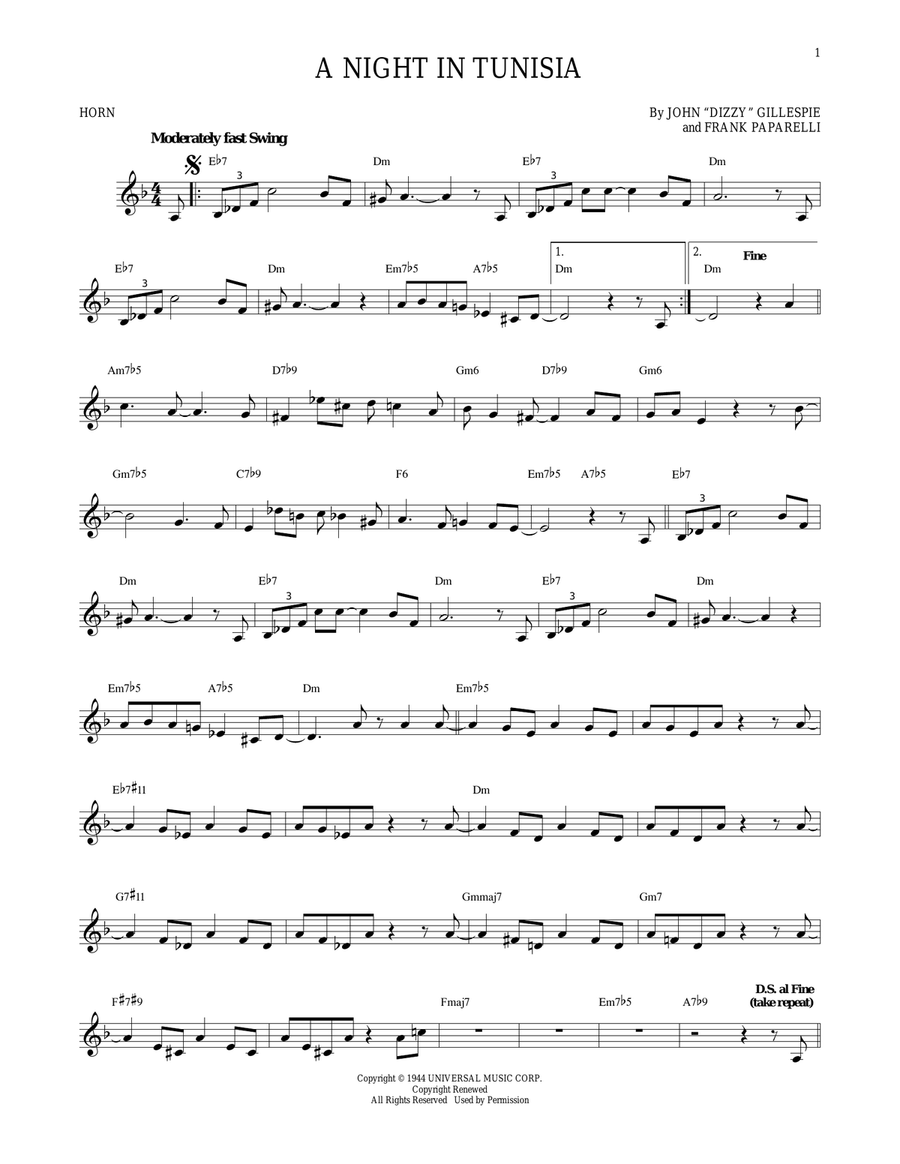A Night In Tunisia Horn Solo scores gallery preview page 1