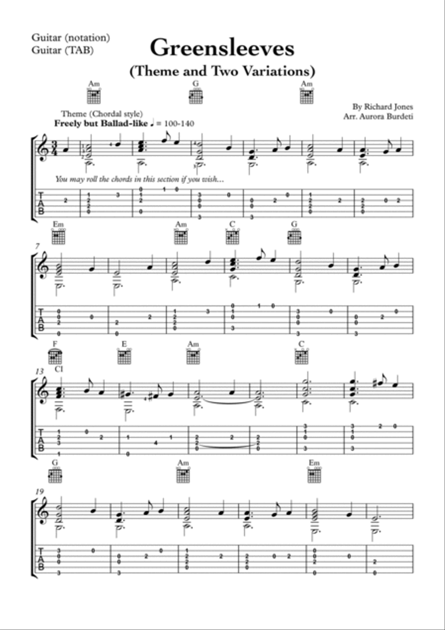 Greensleeves - Theme and Variations - Fingerstyle (Solo Guitar) Acoustic Guitar scores gallery preview page 2