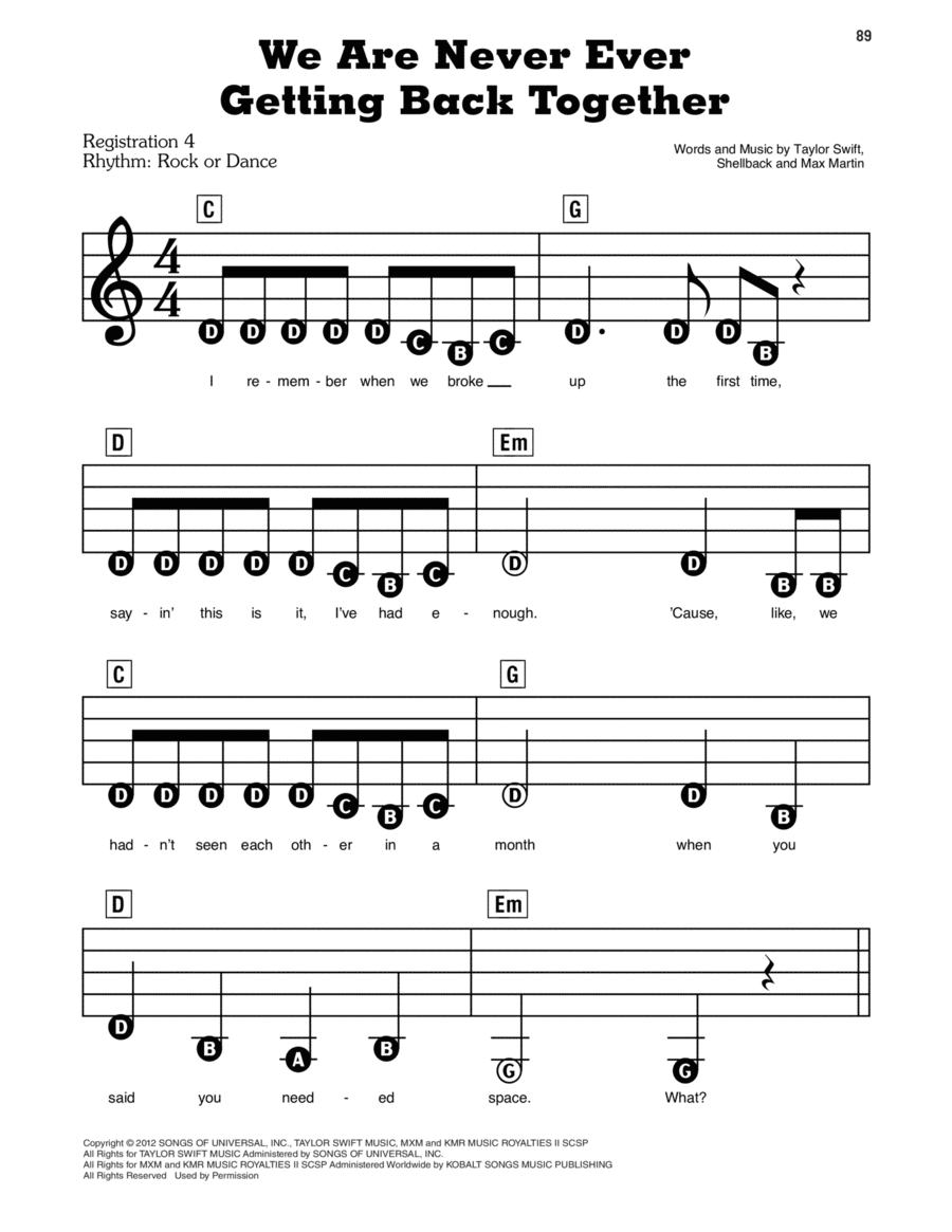 We Are Never Ever Getting Back Together Electronic Keyboard scores gallery preview page 1