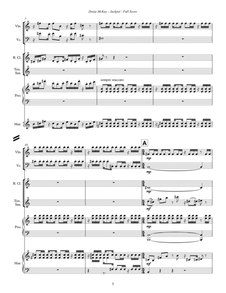 Jackpot for Violin, Cello, Bass Clarinet, Tenor Saxophone, Piano, and Marimba image number null