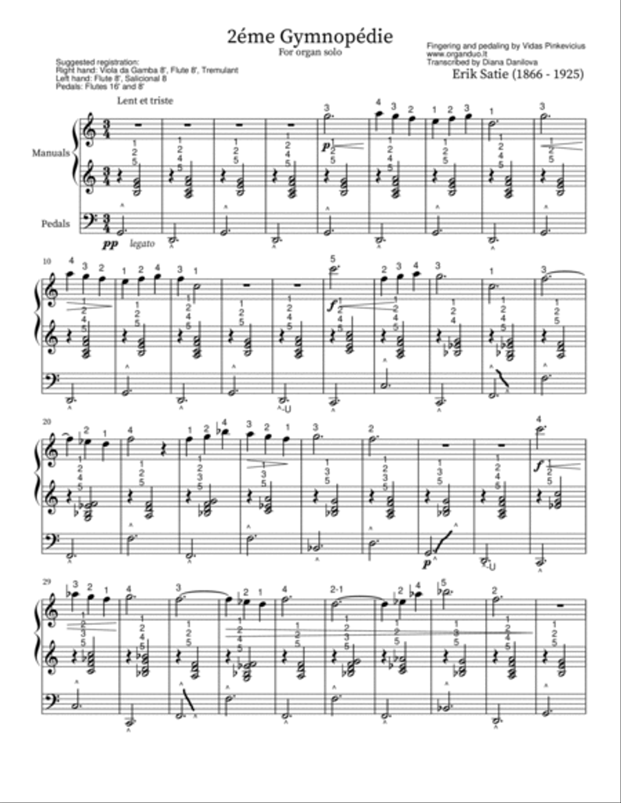3 Gymnopèdies (arr. for Organ Solo) by Erik Satie with fingering and pedaling Organ Solo scores gallery preview page 3