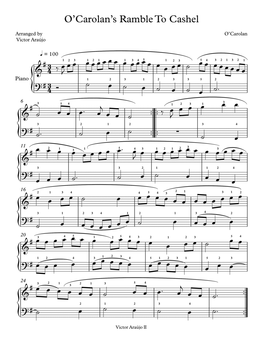 O'Carolan's Ramble to Cashel piano sheet music fingered Easy Piano scores gallery preview page 1