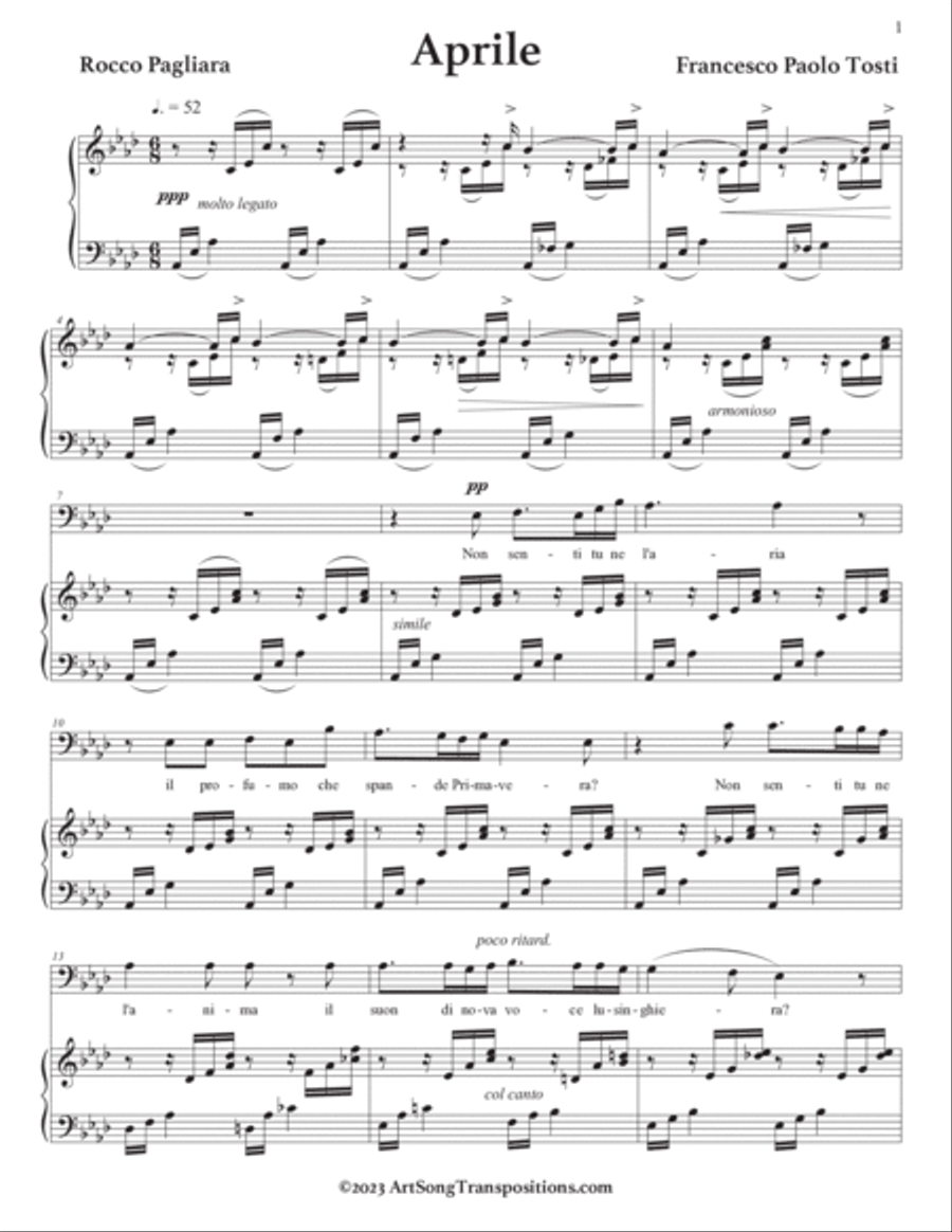 TOSTI: Aprile (transposed to A-flat major, bass clef) Voice scores gallery preview page 2