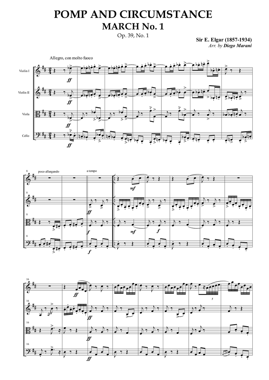Pomp and Circumstance March No. 1 for String Quartet String Quartet scores gallery preview page 1