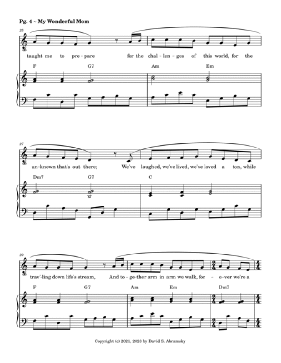 My Wonderful Mom (in C) ~ A sweet, song (piano+chords+vocal) for Mother's Day or any celebration! Piano, Vocal, Guitar scores gallery preview page 6