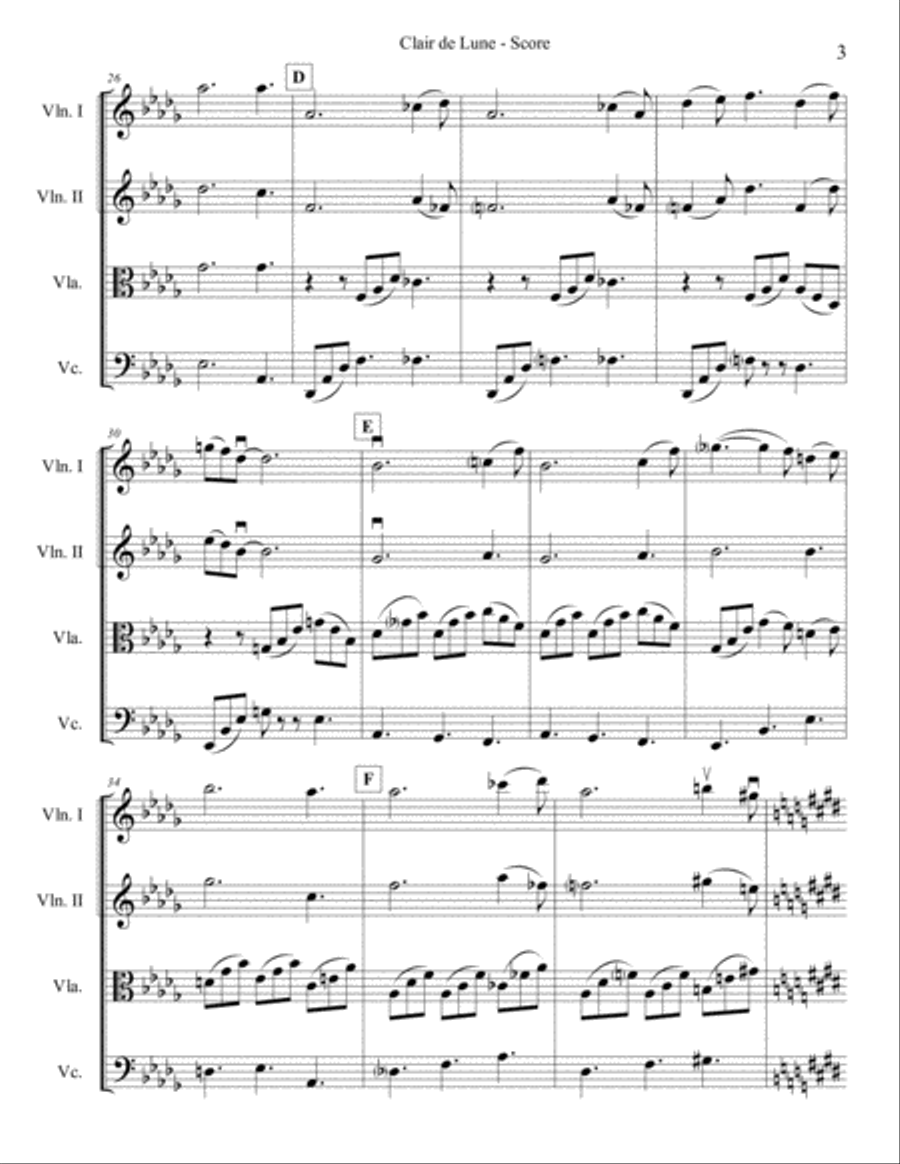 Claire de Lune in Db for String Quartet String Quartet scores gallery preview page 3