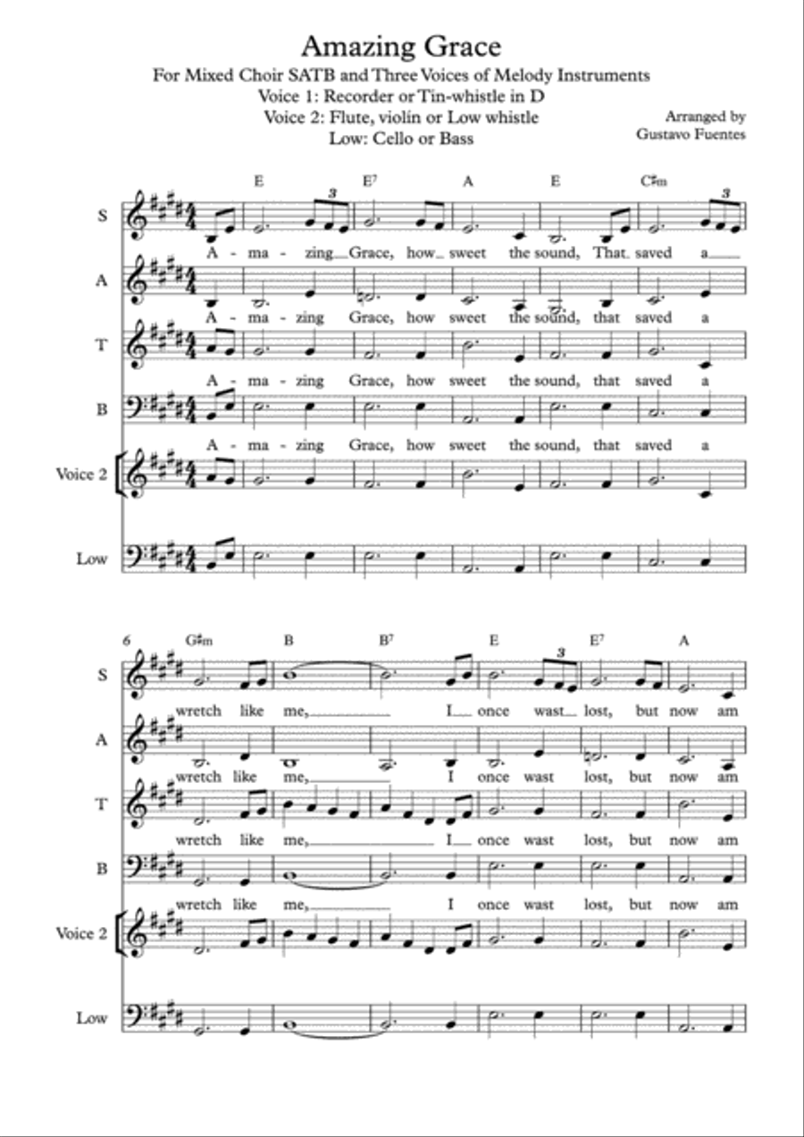 Amazing Grace for Mixed Choir and Melody Instruments 4-Part scores gallery preview page 2