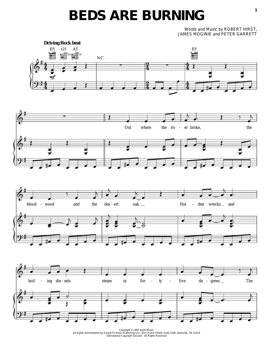 Beds Are Burning Piano, Vocal, Guitar scores gallery preview page 1