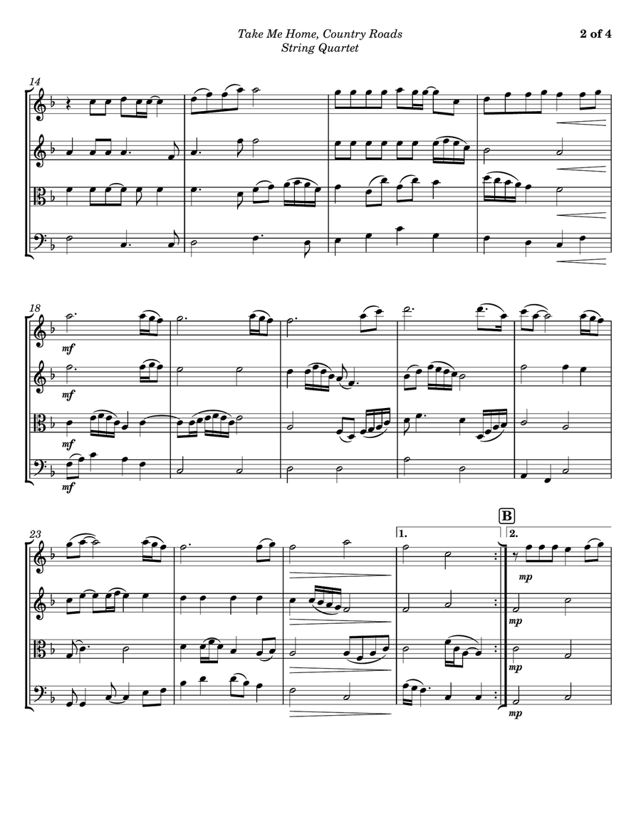 Take Me Home, Country Roads String Quartet scores gallery preview page 2