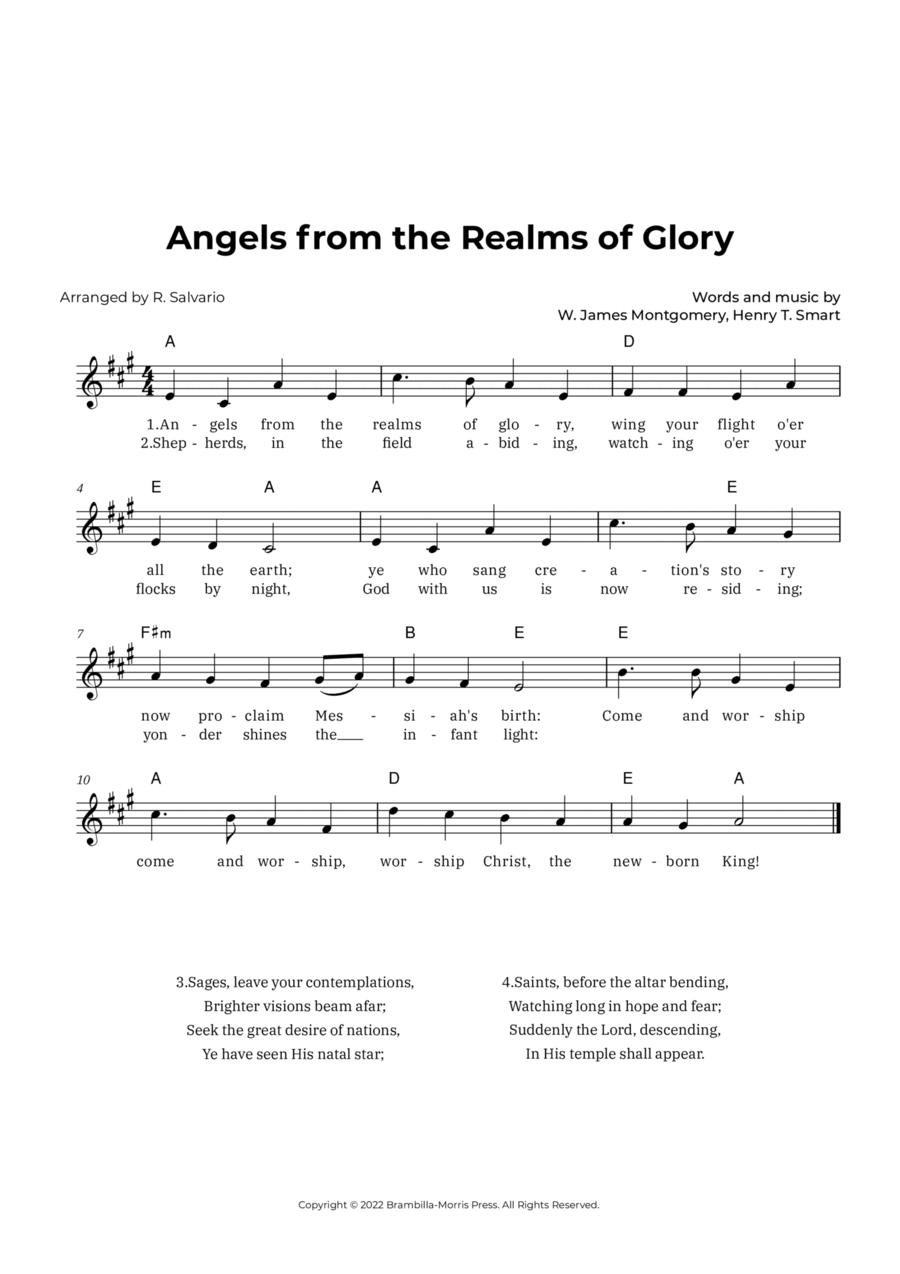 Angels from the Realms of Glory (Key of A Major) Easy Piano scores gallery preview page 1