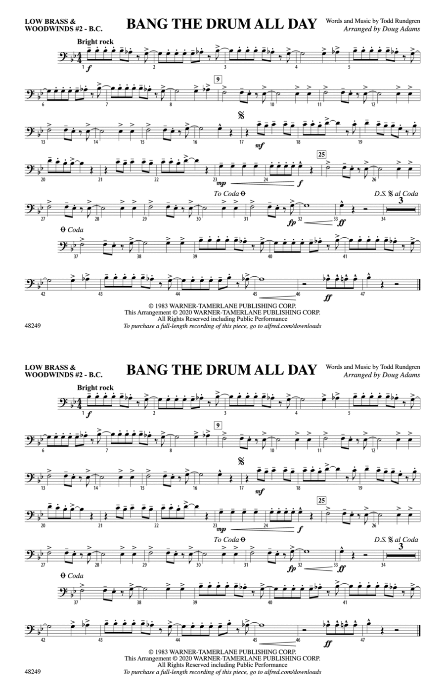 Bang the Drum All Day: Low Brass & Woodwinds #2 - Bass Clef Marching Band scores gallery preview page 1