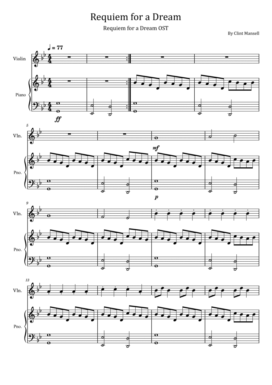 Requiem For A Dream Violin Solo scores gallery preview page 1