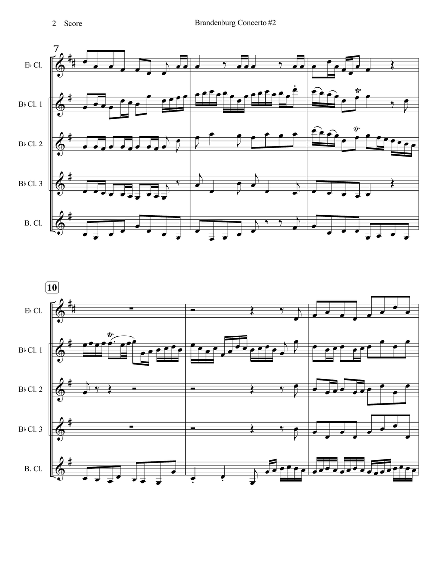 Bach Brandenburg Concerto #2 for clarinet quintet or choir Clarinet Quintet scores gallery preview page 3
