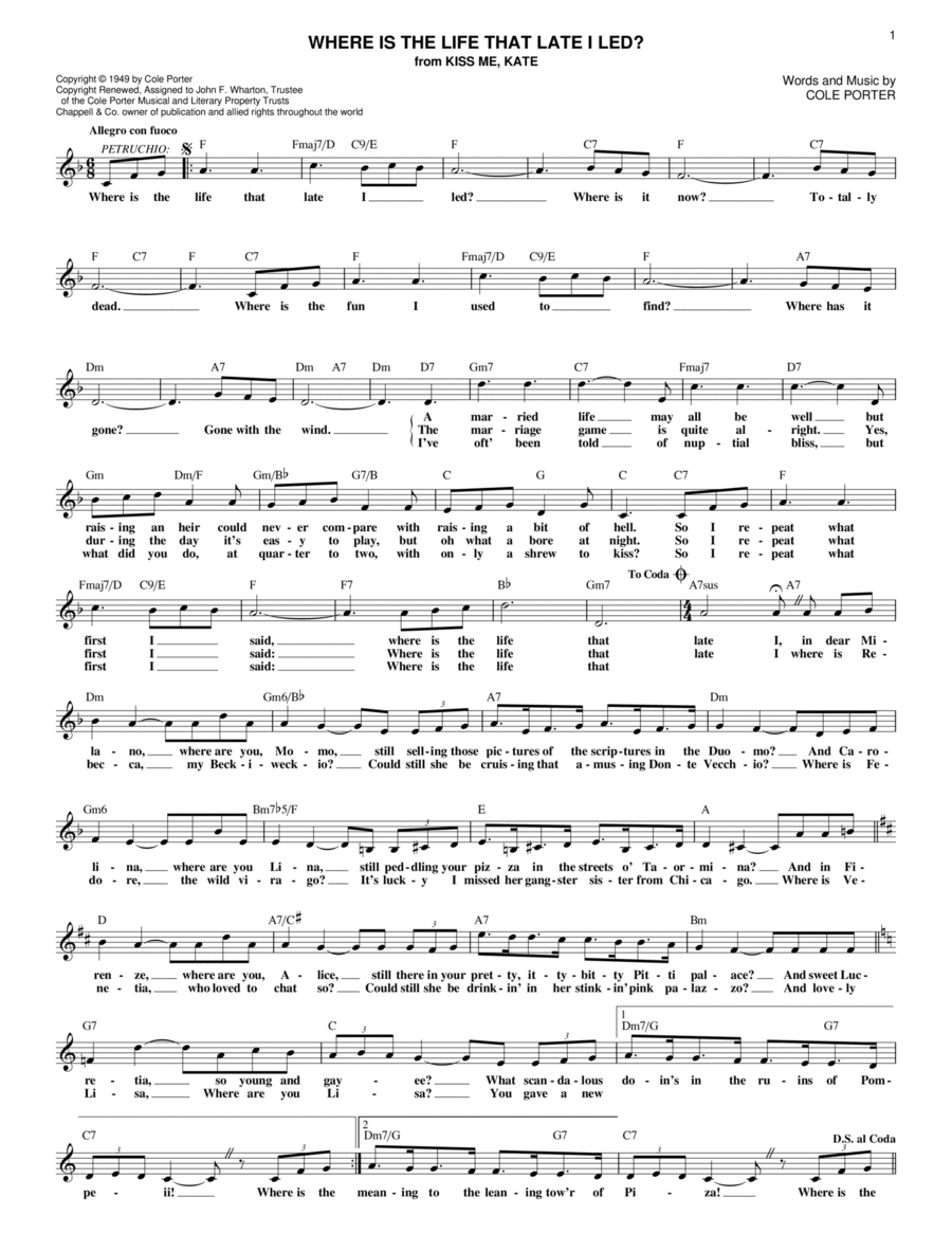 Where Is The Life That Late I Led? (from Kiss Me, Kate) Piano scores gallery preview page 1