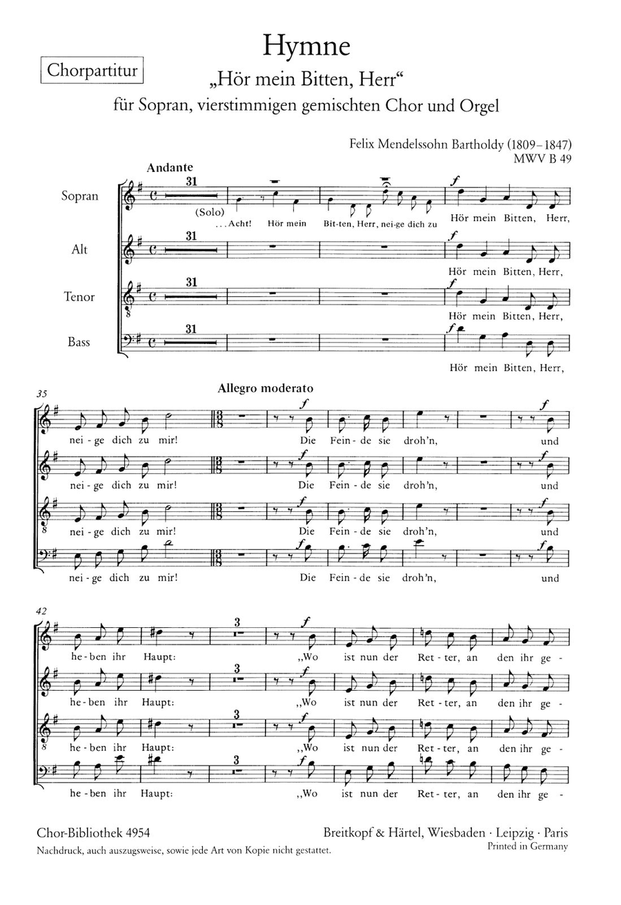 Hymn “Hör mein Bitten, Herr” MWV B 49 4-Part scores gallery preview page 1