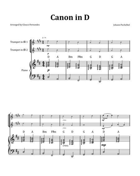 Canon by Pachelbel - Trumpet Duet with Piano and Chord Notation image number null