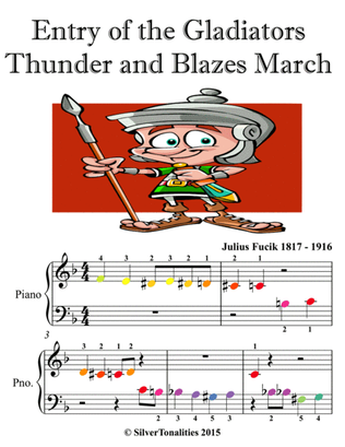 Entry of the Gladiators Thunder and Blazes March Beginner Piano Sheet Music with Colored Notes