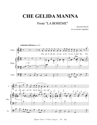 Book cover for CHE GELIDA MANINA - Fron Boheme - Puccini - Arr. for Tenor, Piano and, ad libitum, Cello. With Parts
