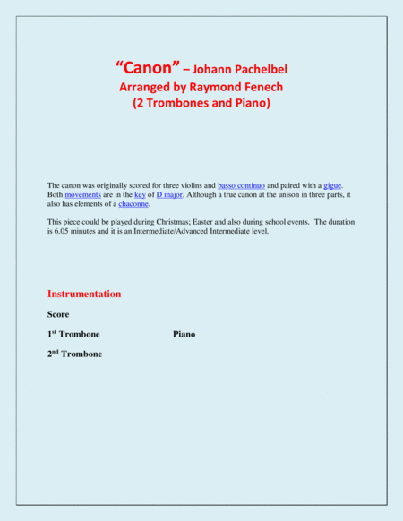 Canon - Johann Pachebel - 2 Trombones and Piano - Intermediate/Advanced Intermediate level image number null