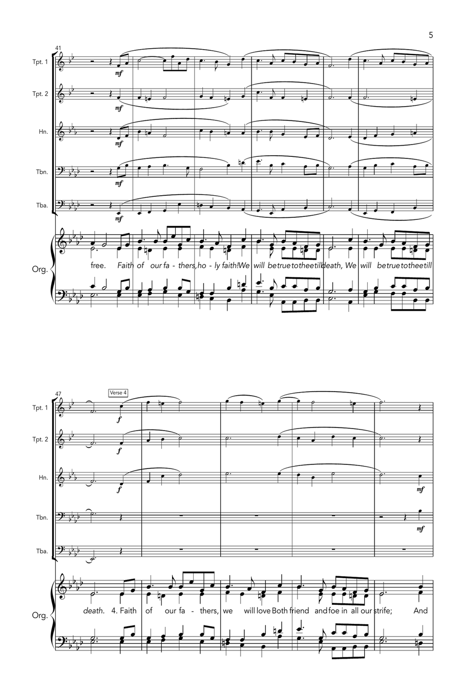 Faith of our fathers (Sawston) (brass quintet and organ, with last-verse harmony) Unison Choir scores gallery preview page 5