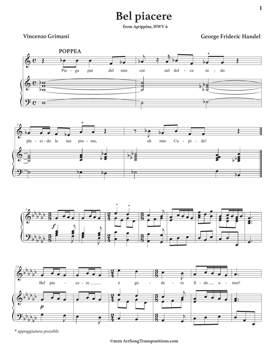 HANDEL: Bel piacere (transposed to 3 keys: G, G-flat, F major) Piano, Vocal scores gallery preview page 5