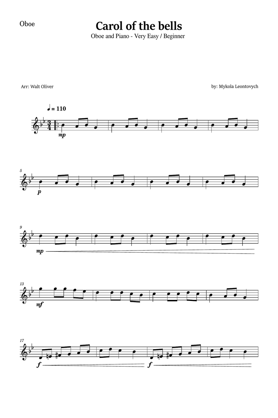 Carol of the Bells for Oboe and Piano (Very Easy - Beginner) in G minor Piano scores gallery preview page 4