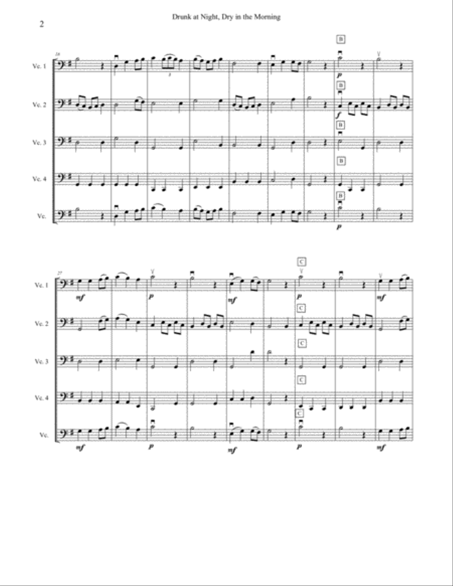 Drunk at Night, Dry in the Morning for beginner cello quartet (four cellos) Cello scores gallery preview page 2