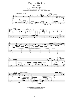 Book cover for Bach - Fugue in G minor BWV 1000 - Piano version
