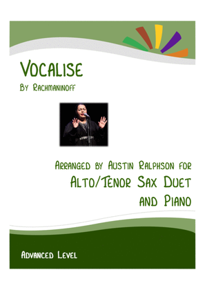 Book cover for Vocalise (Rachmaninoff) - alto and tenor sax duet and piano with FREE BACKING TRACK