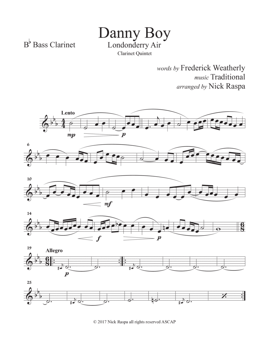 Danny Boy (Clarinet Quintet [Eb, Bb(2), B. Cl. & Cb. Cl.]) Bass Clarinet part