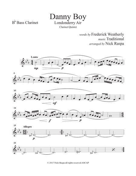 Danny Boy (Clarinet Quintet [Eb, Bb(2), B. Cl. & Cb. Cl.]) Bass Clarinet part