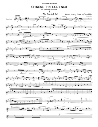 CHINESE RHAPSODY No.3 For Saxophone with String Orchestra, Op.46(1988) (SCORE) - Score Only
