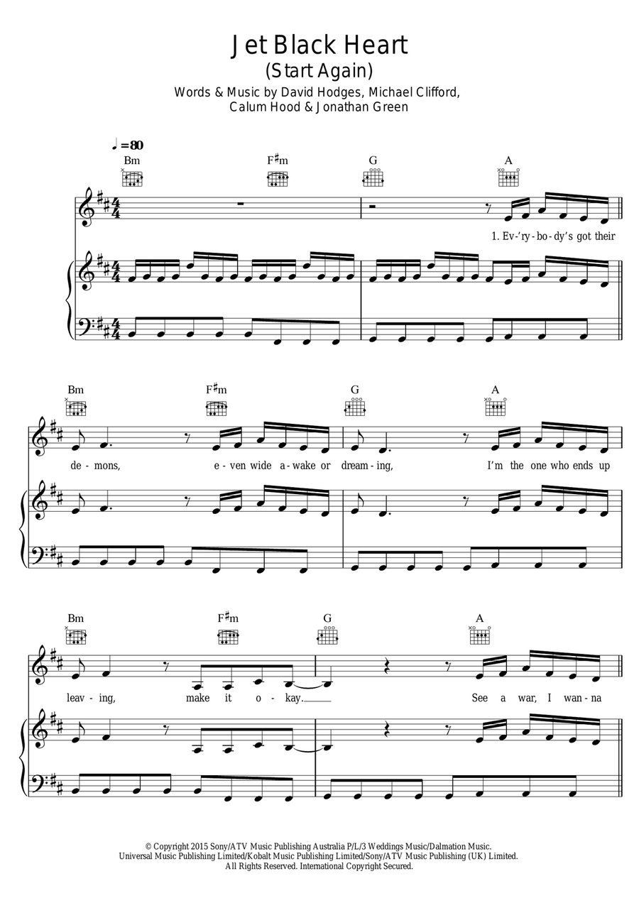 Jet Black Heart (Start Again) Piano, Vocal scores gallery preview page 1