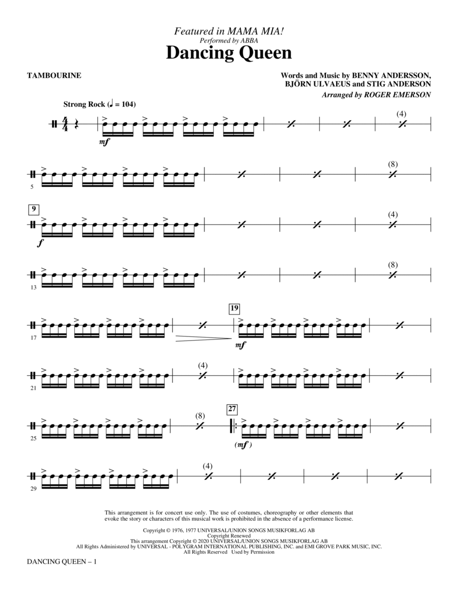 Dancing Queen (from Mamma Mia!) (arr. Roger Emerson) - Tambourine Choir scores gallery preview page 1