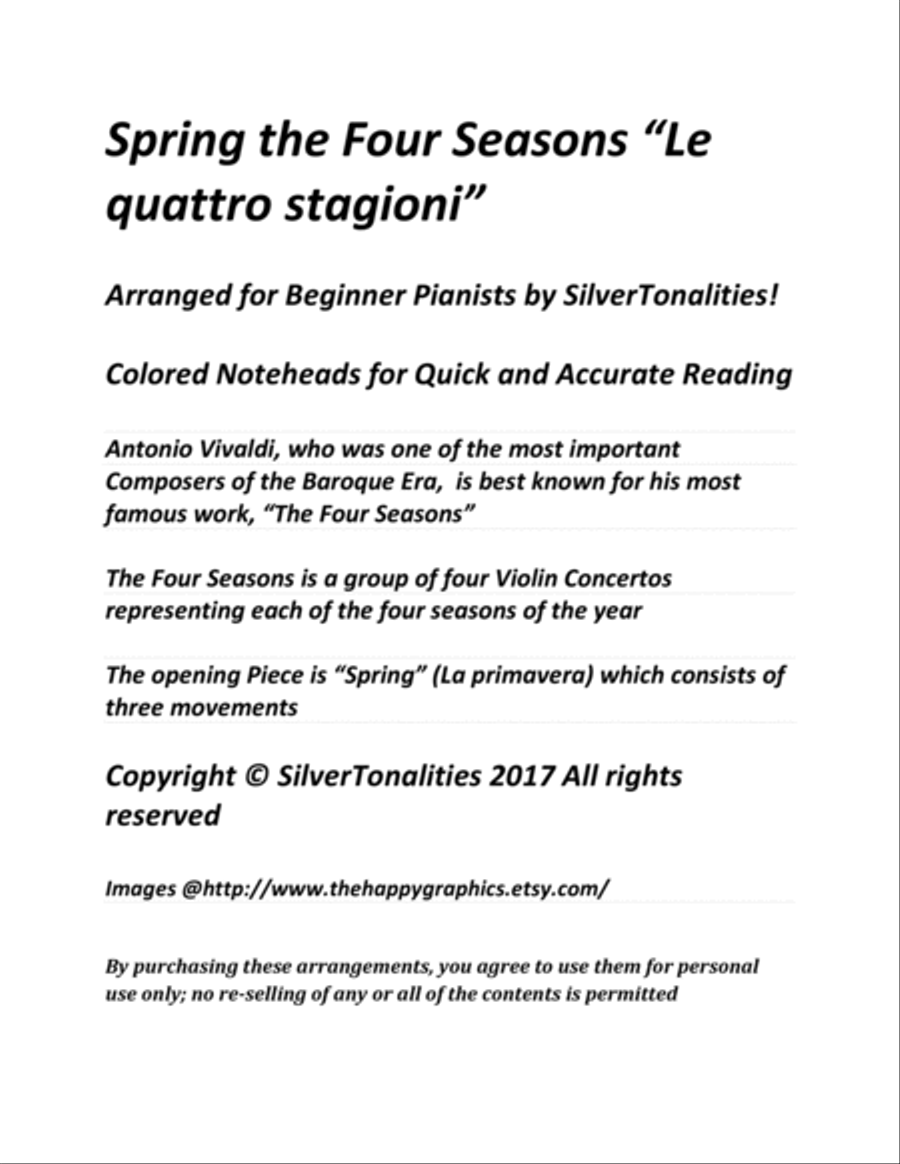 Spring the Four Seasons Beginner Piano Sheet Music with Colored Notes Easy Piano scores gallery preview page 2